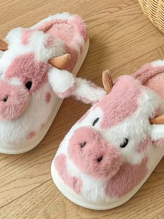 The Real Clean Company Shoes - Plush Pink & White Cow Slippers New Boutique